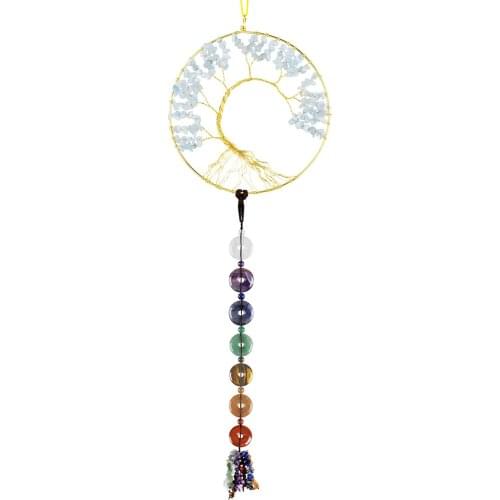 Natural Crystal Aquamarine Tree Of Life Wind Chime 7 Chakra Reiki Healing Slices Mineral Stone Wall Hanging Ornaments Room Decor