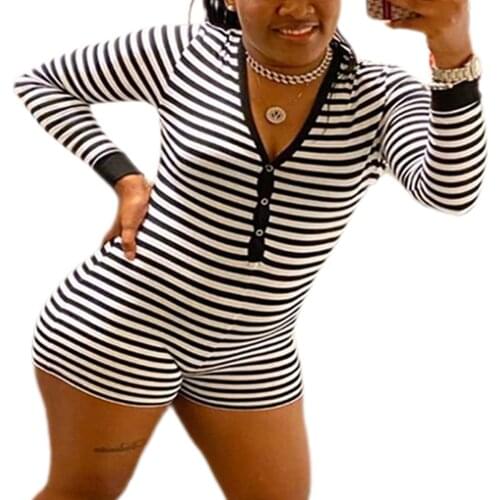 New Women Ladies Autumn Winter Casual Slim Playsuit Deep V Long Sleeve Stripe Jumpsuit Homewear
