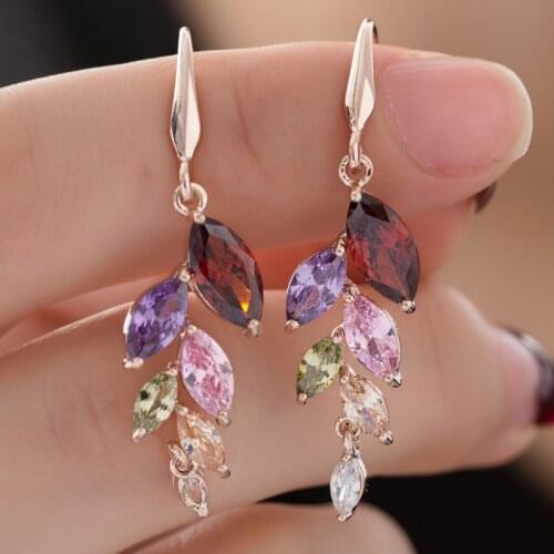 Charm Female Rainbow Crystal Drop Earrings Vintage Rose Gold Color Wedding Earrings Cute Leaf Zircon Dangle Earrings For Women