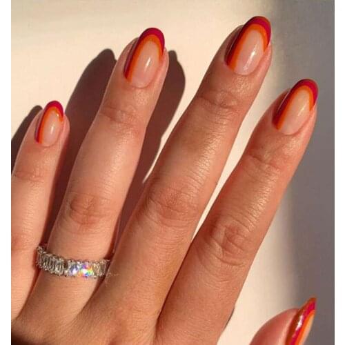 24pcs Double Color Nail Patch Round Head Glue Type Removable Long Paragraph Fashion Manicure Save Time False Nail Patch DL