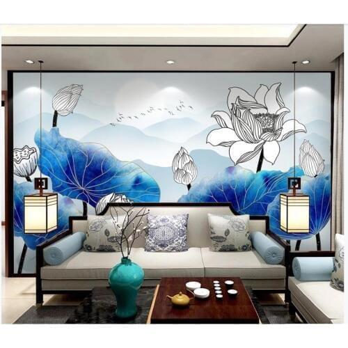 Custom photo wallpaper for walls 3 d murals New Chinese blue ink line drawing lotus flower bird Chinese style landscape mural