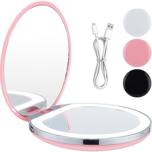Portable Fold LED Makeup Mirror Mini Circular Cosmetic Mirror Dimmable Brightness Compact Travel Mirror USB Charging Makeup Tool