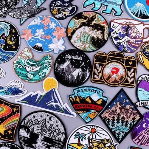 Pulaqi Mountain Waves Patch For Clothing Nature Travel Patches On Clothes DIY Camping Fusible Patch Applqiue Embroidered Pacthes