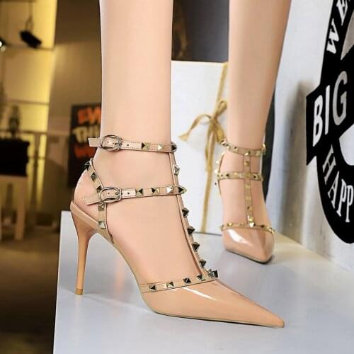 BIGTREE 2021 Women Sandals Hot Summer Sandals High Heels Rivet Women Shoes Fashion Shoes Woman Pointe Toe Sandals Woman Pumps