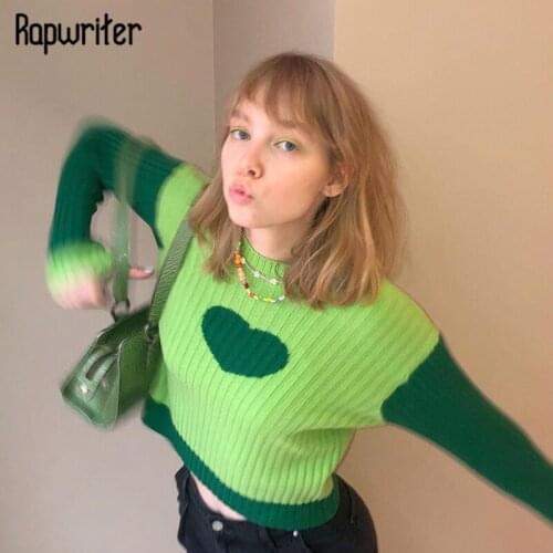 Rapwriter Y2K Cute Sweater Harajuku Autumn Knitted Jumpers Women Heart Patchwork Pullovers 2000s Crop Top Casual Streetwear Chic