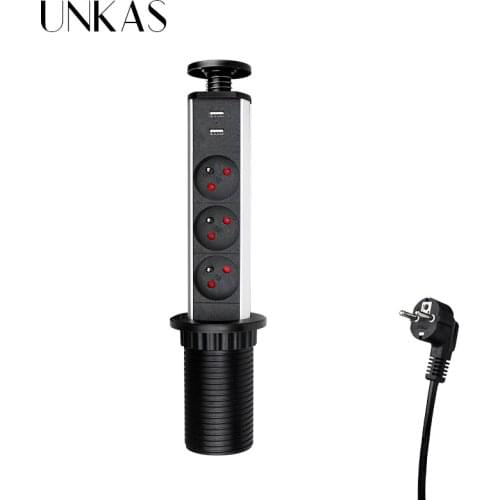 UNKAS 16A PULL POP UP 3 Power French Socket New Black Color Port Kitchen Table Desktop Dual USB Retractable Countertops Plug