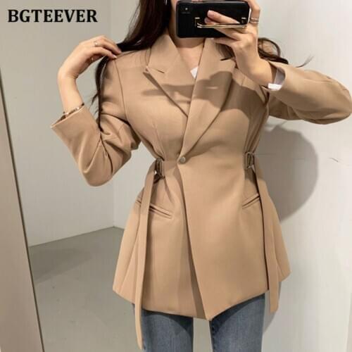 BGTEEVER Fashion Chic Slim Waist Women Solid Blazer Elegant Office Wear Single Button Female Suit Jacket 2021 Spring