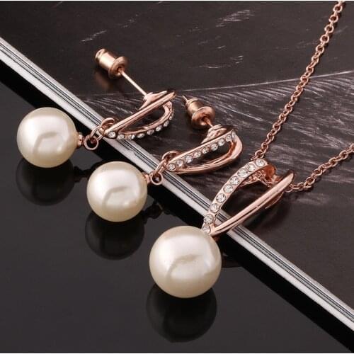 Fashion jewelry rose gold White crystal pearl necklace korean earrings Wedding Party Jewelry Sets for women AS2008