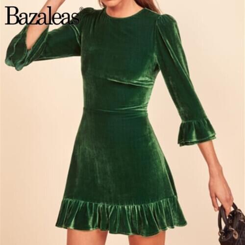 Bazaleas Vintage Green Velvet Vestidos Palace Hlaf Flare Sleeve Women Dress O Neck Ruffles Dresses