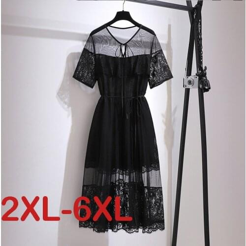 New Big Size Summer Dress Woman Elegant V-Neck Solid Lace Hollow Out Dress Vintage Ladies Chiffon Plus Size Women Clothing