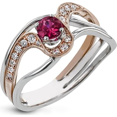 Charm Female Rose Red Crystal Stone Ring Rose Gold Silver Color Wedding Rings For Women Cute Hollow Geometry Engagement Ring