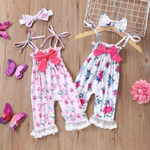 2021 Summer Baby Girl Rompers 2 Pcs Lace Bow Flower Print Strap Baby Rompers+headband Birthday Party Princess Baby Clothes 0-18M