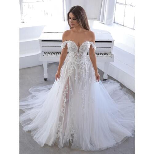 2021 Lace Wedding Dresses for Bride Off Shoulder Long Tulle Appliques Bridal Gowns vestido de noiva