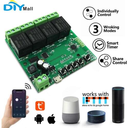 4 Channel Tuya WiFi Relay Module Wireless Dry Contact Switch Momentary Inching/Selflocking/Interlock Tuya Smart Life