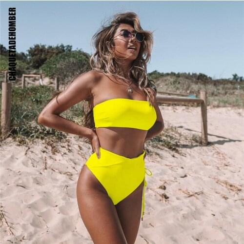 High Waist Bikinis Solid Women Swimsuit Female Bandeau Swimwear Sexy Neon Thong Bikini Set Beachwear Bathing Suit Women Biquini