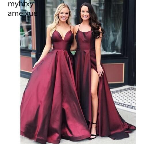 Cheap Burgundy Long Prom Dresses Spaghetti Strain A-line Robe De Sexy Satin Women Formal Party Dress Full Length Gowns Simple