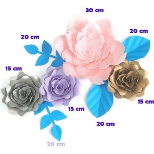 DIY Artificial Flowers Fleurs Artificielles Backdrop Giant Paper Rose 4PCS + 4 Leaves For Wedding Party Decoration Baby Shower