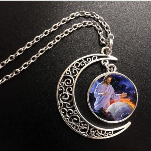 Christian Catholic Jesus Portrait Cross Virgin Mary Fashion Jewelry Vintage Glass Necklace With Crescent Moon Girl Gift Jewelry