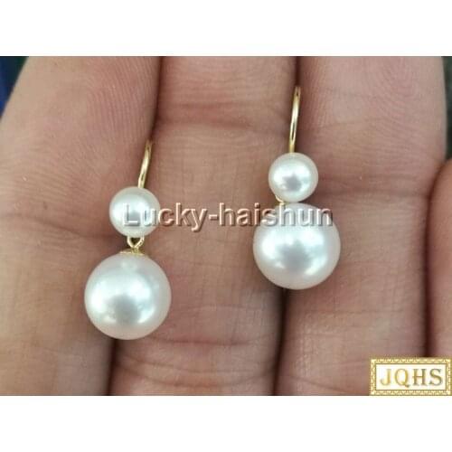 JQHS AAA natural Dangle round twin white AKOYA sea salt water pearls Earrings 14K gold hook j13114 jewelry