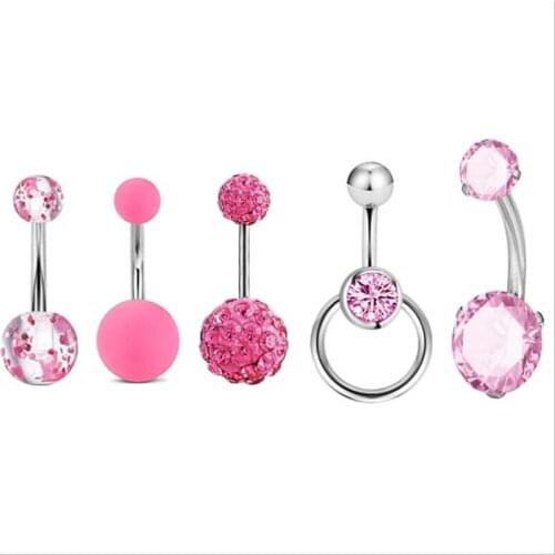 5Pcs New Trendy Stainless Steel Double Ball Navel Rings Crystal Navel Bars Fashion Women Belly Button Ring Body Piercing Jewelry