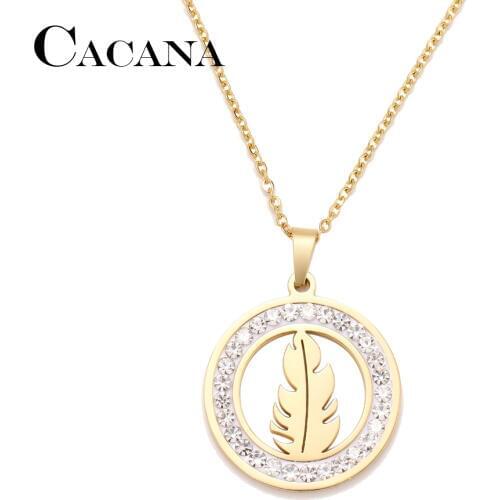 Cacana Stainless Steel Crystal Round Pendants Necklace Women Choker Jewelry Feather Trendy Necklaces Chain Valentines Day