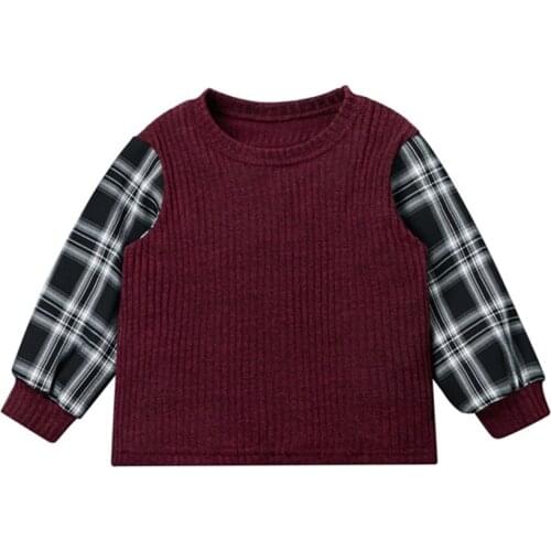 2021 2-7Y Kids Baby Girls Sweatshirt Casual Pullovers Plaid Print Long Sleeve Patch Knitted Round Neck Top Spring Fall Outwear