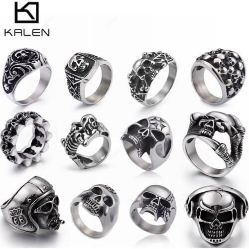 KALEN Stainless Steel Viking Skull Rings For Men US Size #8-12 Punk Biker Rings Wholesale Halloween Jewelry