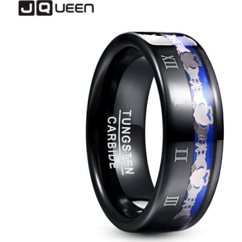 8mm Wide Tungsten Steel Mens Ring Plating Black Claddagh Pattern Engraved Roman Numeral Tungsten Carbide Ring T228R