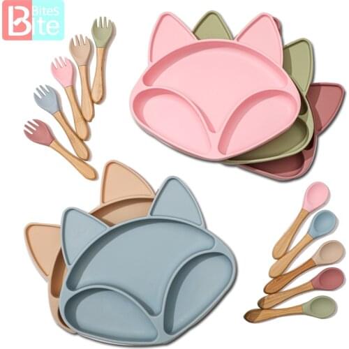 Bite Bites 3PCS/SET Baby Feeding Tableware Set Silicone Fork Spoon With Wooden Handle Kid Eating Dinnerware Set Dishes for Baby