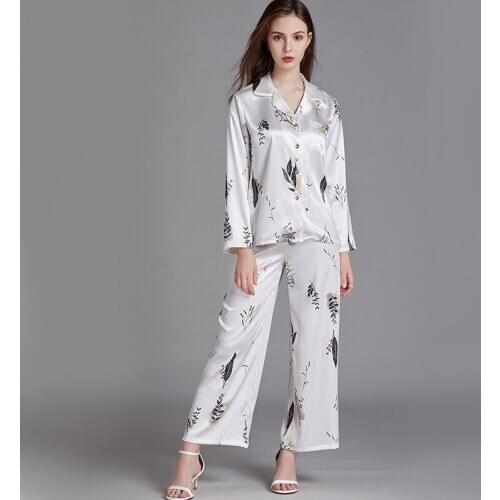 Pajamas Womens Spring and Summer FauxSilk Long-sleeved Trousers Thin Large Size Suit Loose Household Print Turn-down Collar