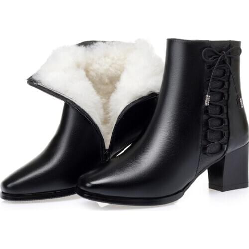 New Fashion Top Full Cowhide Genuine Leather Boots Winter Boots Warm Plush / Wool Snow Boots Thick Heel Non-slip Women Boots