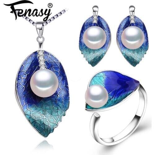 FENASY Pearl Jewelry sets 925 Sterling Silver Cloisonne earrings ring stud earrings natural Pearl leaf necklace for women love