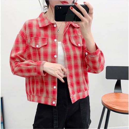 Spring Fall White Black Plaid Blouses Korean Fashion Kawaii Crop Tops Vintage Button Up Collared Ladies Shirts Jacket Women 2021