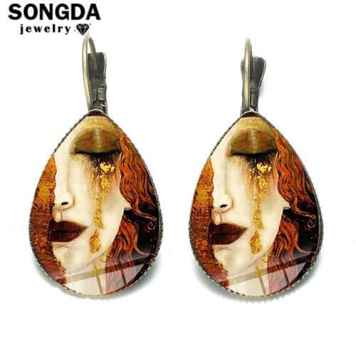 SONGDA Vintage Golden Tears Gustav Klimt Teardrop Earrings for Women The Kiss Statement Dangle Earrings Personality Ear Ornament