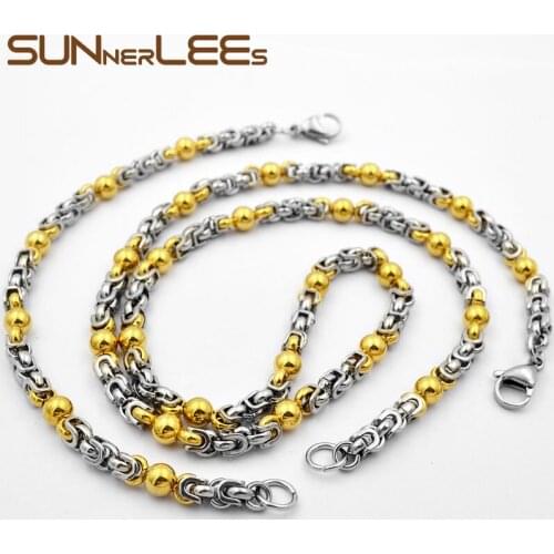 SUNNERLEES Jewelry Stainless Steel Necklace Bracelet Set 5mm Geometric Beads Link Chain Silver Color Gold Plated SC125 S