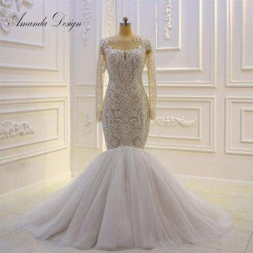 Amanda Design vestido de noiva 2019 Full Sleeve Lace Applique Mermaid Vintage Wedding Dress