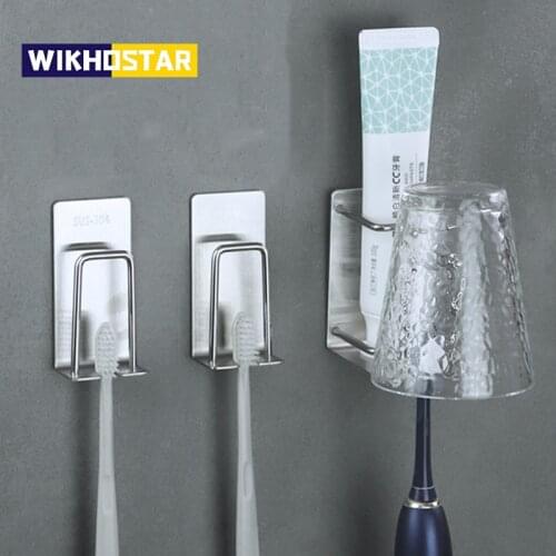 WIKHOSTAR 1/2 pcs Stainless Steel Toothbrush Holder Shaver Cup Wall Mount Toothbrush Storage Rack Bathroom Accessories Set
