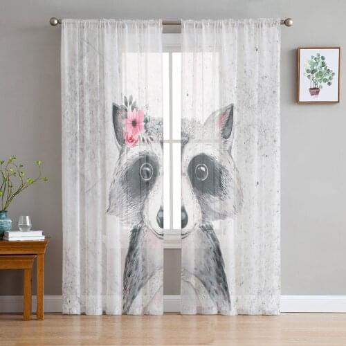 Raccoon With Flowers Window Curtains Bedroom Modern Drape Sheer Tulle Valances Living Room Kitchen Voile Curtain