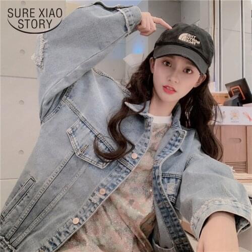 2021 Casual Loose Blue Denim Jacket Women Vintage Streetwear Long Sleeve Jean Coat Jacket Big Size Spring Outwear Female 16758