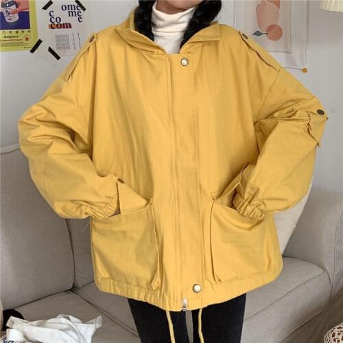 Korean solid color splicing work coat female student winter port style versatile loose Long Sleeve Jacket casual top