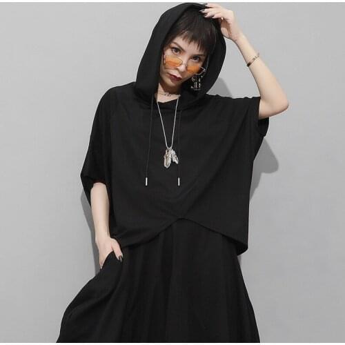 Large size womens summer new personality splicing irregular bat sleeve thin style hooded short sleeve T shirt