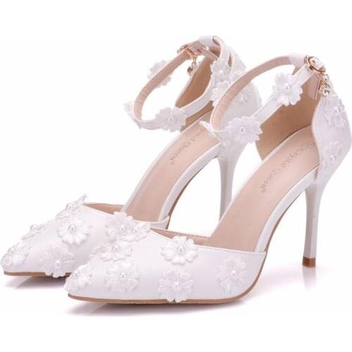 Women sandals wedding banquet Lace PU Rhinestones Buckle Strap 9CM Thin High heels Pointed Toe sandal for women shoes size 35-42