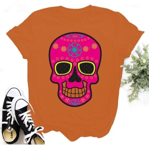Skull Woman Print Harajuku Summer Tshirts Casual Round Neck Short Slee Top Tee Shirt TX8006