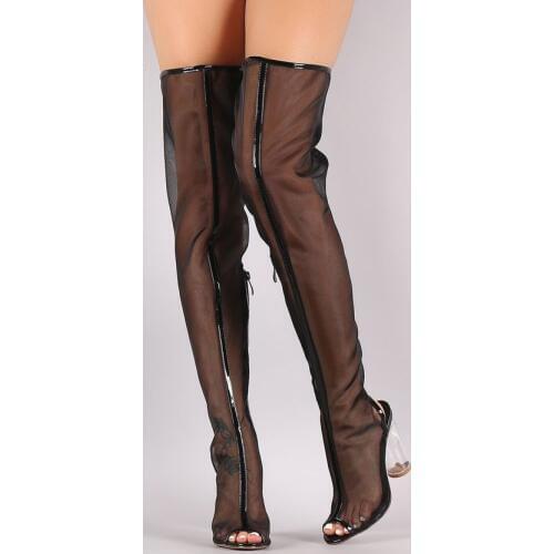 Ladies Fine Mesh Summer Over The Knee Boots Middle Patent Leather Line Transparent Heels Thigh Boots Lucency Chunky Heel Boots