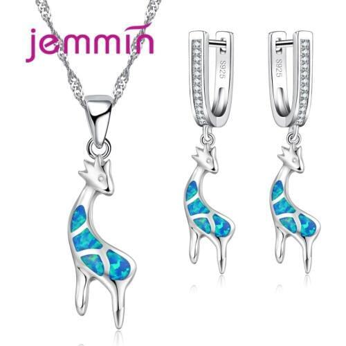 Aniaml Design Giraffe Blue Fire Opal Pendants Necklaces Jewelry Set For Girls Women 925 Sterling Silver Party Set Bijoux