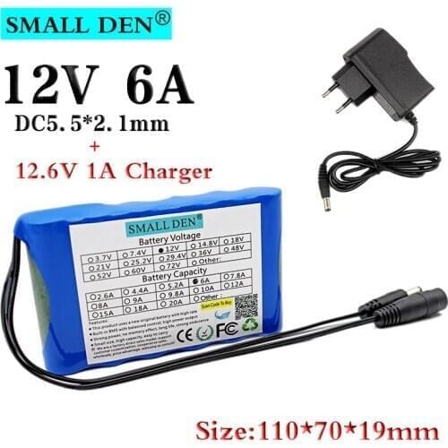 12V 6Ah 18650 Li-ion battery 6000mAh rechargeable battery pack LED Lamp Light Backup Power Smart Audio battery+12.6V 1A Charger