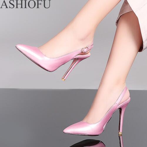 ASHIOFU 2020 Simple Style Ladies High Heel Pumps Slingback Party Office Dress Shoes Large Size Fashion Club Court Shoes