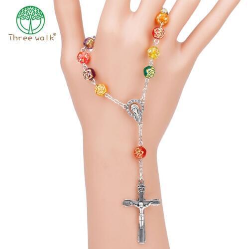Colorful Acrylic Rose Flower Beads Religious Cross Bracelet Catholic Rosary Necklace Jesus Crucifix Stars Mary Centerpiece