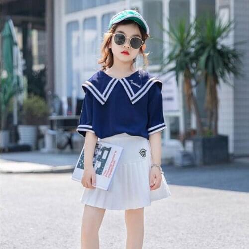 Cultiseed Girls Sailor Collar Striped Tops+Pleated Dress 2pc Sets Clothing Big Children Kids Summer Holiday Casual Gowns Suit
