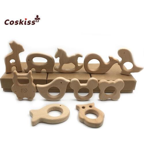 DIY Baby Teether Toys Organic Natural Beech Wooden Animal Hand Cut Toy Baby Wooden Teether Baby Teething Nursing Grasping Toy